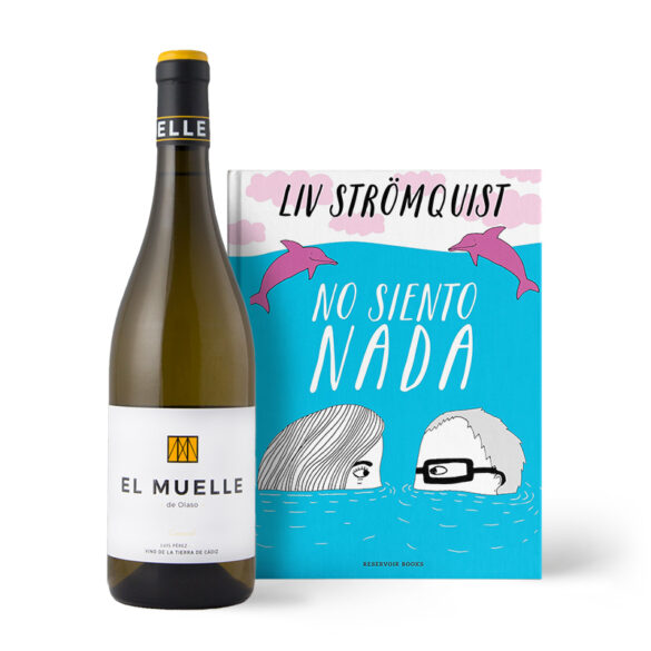Botella del vino El Muelle de Olaso y portada del libro No Siento Nada