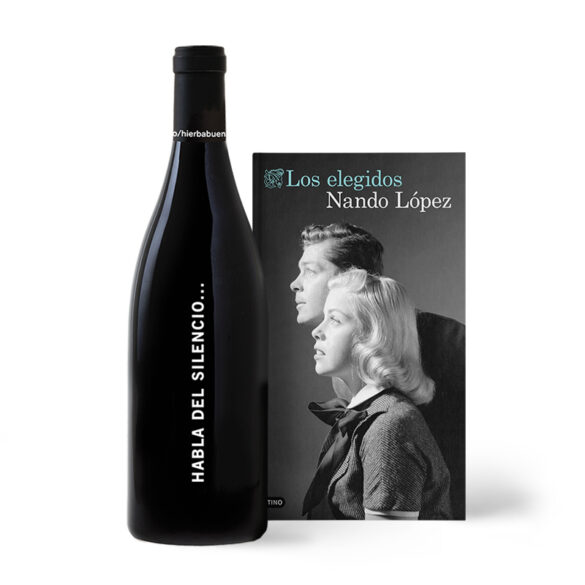 Botella del vino Habla del Silencio y portada del libro Los Elegidos