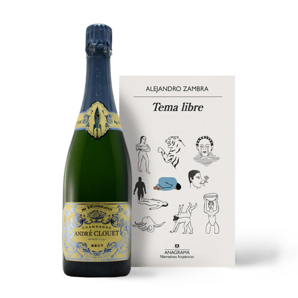 Botella del vino André Clouet The V6 Experience y portada del libro Tema Libre