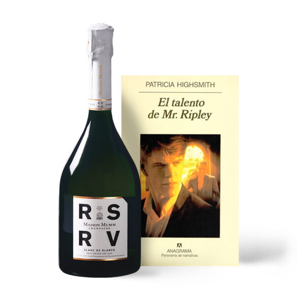 Botella del vino RSRV Blanc de Blancs y portada del libro El Talento de Mr. Ripley