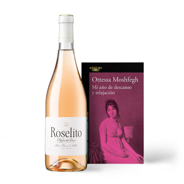 Botella del vino Roselito y portada del libro Mi Año de Descanso y Relajación