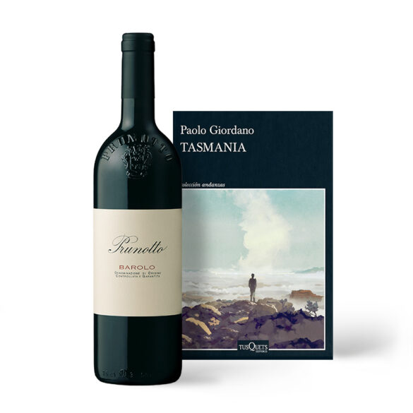 Botella del vino Prunotto Barolo y portada del libro Tasmania