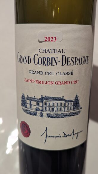 Botella del vino Grand Crobin-Despagne que catamos en primeur.