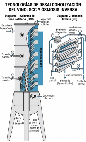 Esquema explicando la columna de cono rotatorio y la osmósis inversa