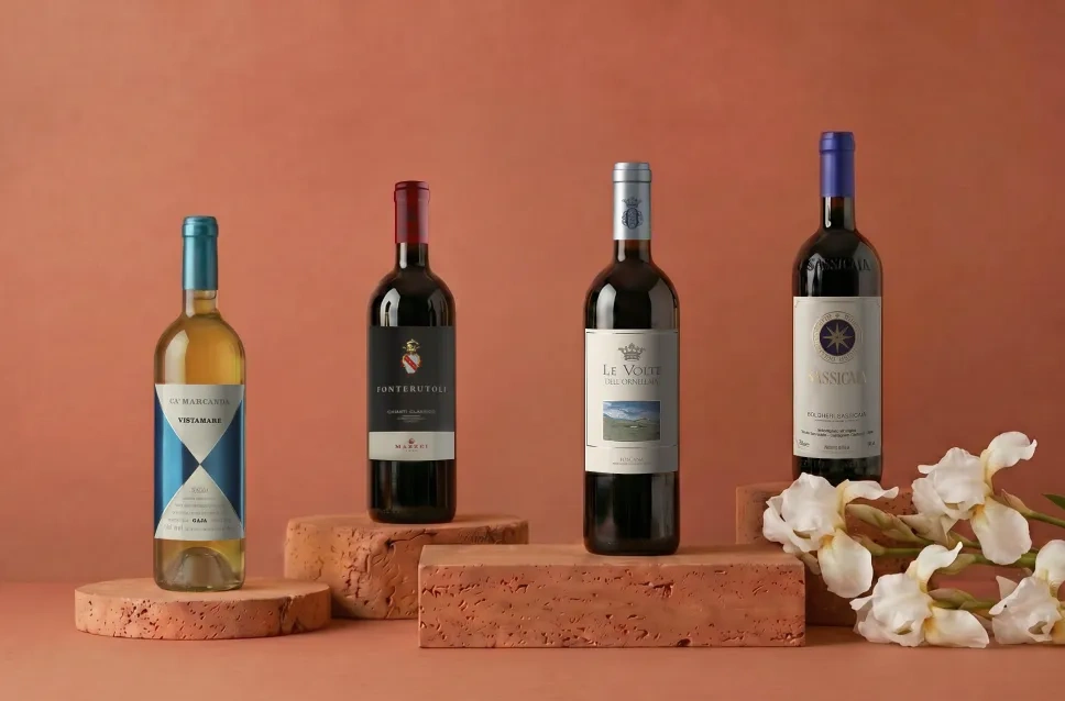 Botellas de vino de la región de la Toscana