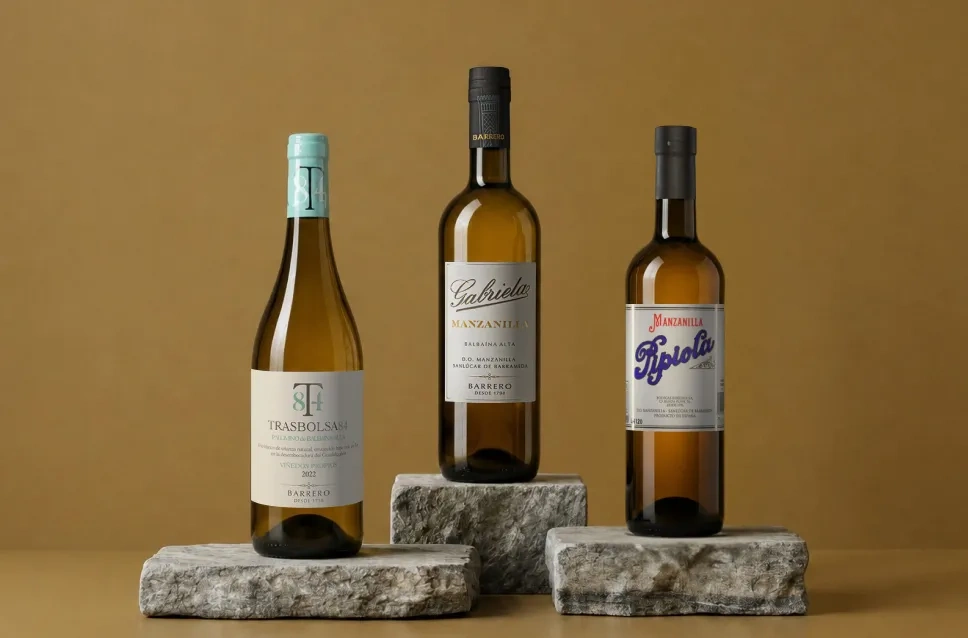 Botellas de vino y manzanilla de Bodegas Barrero
