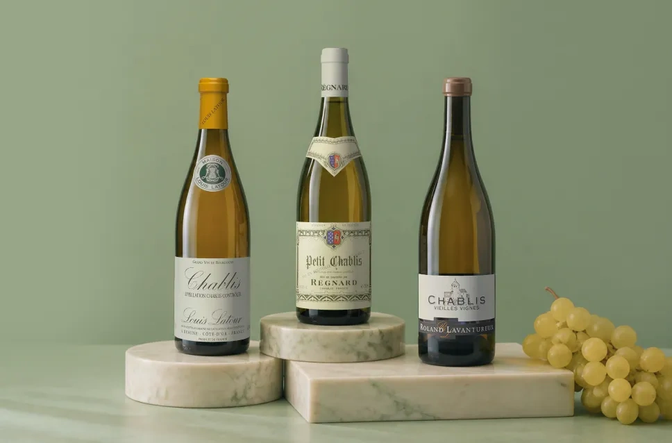 Botellas de vino blanco Chablis con descuento del 10%