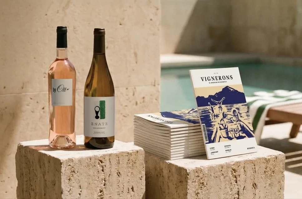 Magazine de verano de Bodeboca junto a botellas de vino