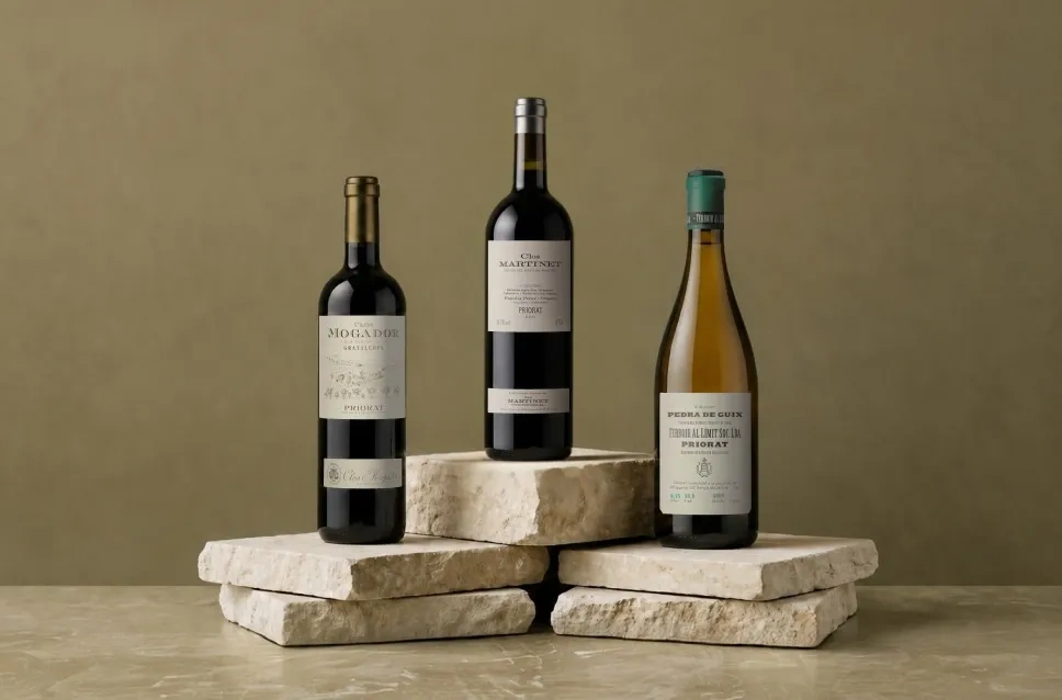 Tres botellas de vino de la región del Priorat