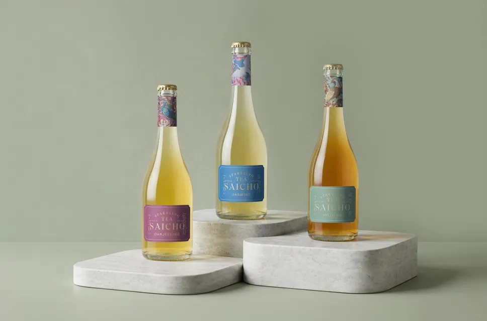 Botellas de tés espumosos sin alcohol Saicho Drinks