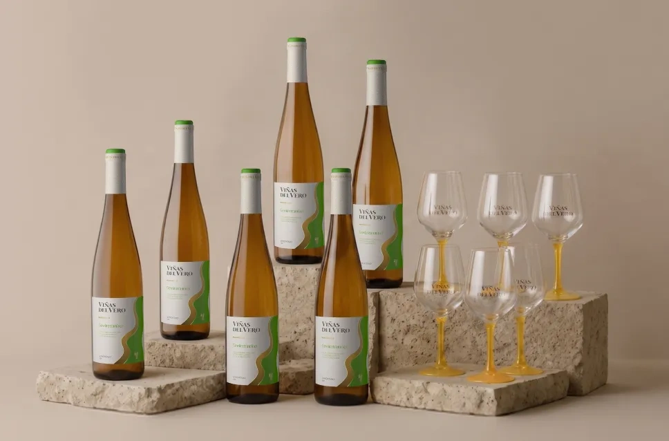 Pack de seis botellas de vino Viñas del Vero Gewürztraminer 2025 y seis copas serigrafiadas