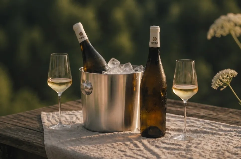 Copas y botellas de vino D.O. Rueda en una cubitera