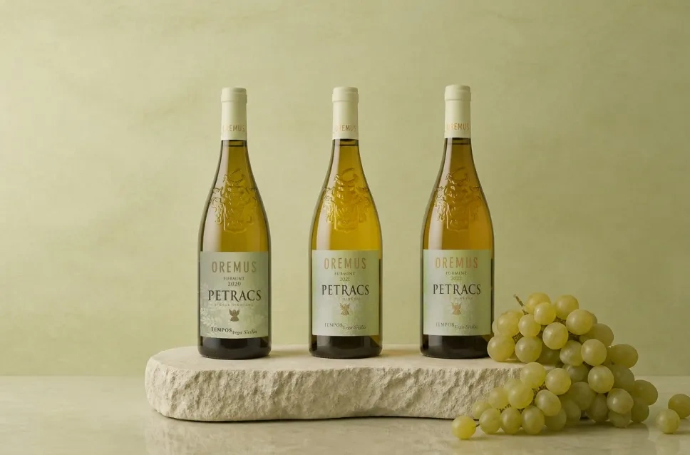 Botellas de vino Oremus Petracs de las añadas 2020, 2021 y 2022