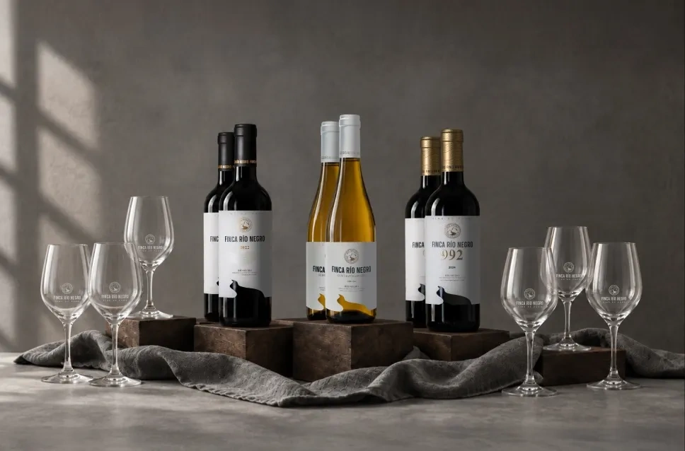 Botellas de vino de la bodega Finca Río Negro con copas gratis