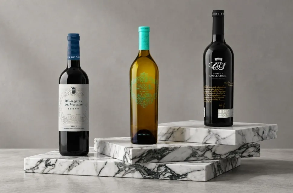 Botellas de vino de las bodegas Pazo de San Mauro, Marqués de Vargas y Conde de San Cristóbal