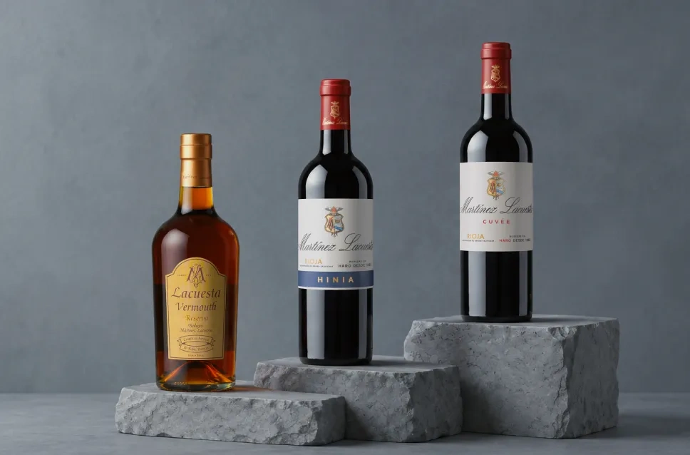 Botellas de vino y vermut de la bodega Martínez Lacuesta
