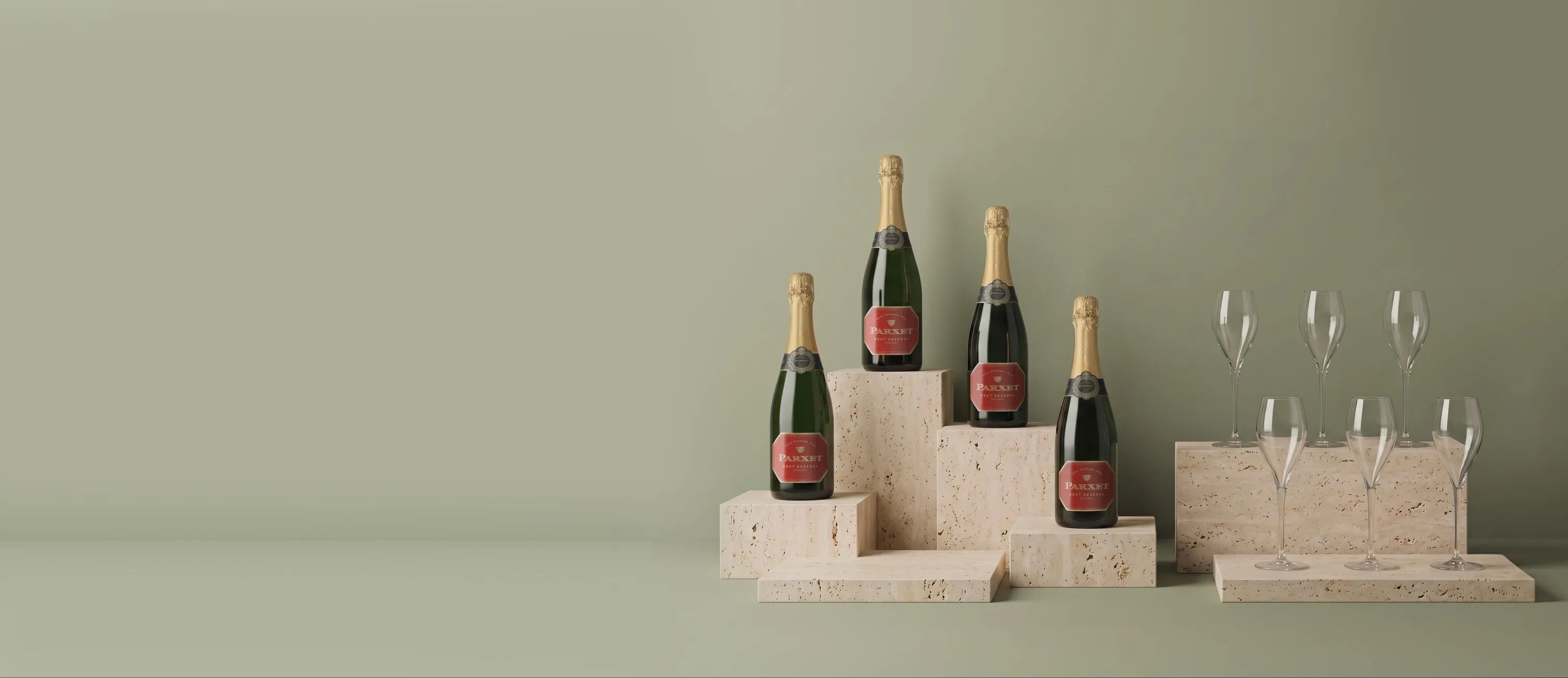 Pack de cuatro botellas de vino Parxet Brut Reserva 2021 y seis copas de cava