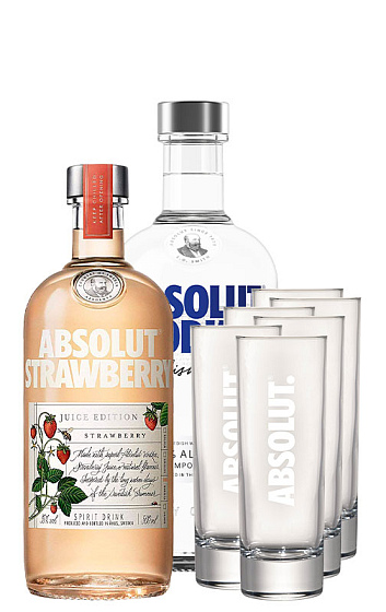 Producto: Absolut Vodka 70cl y Absolut Strawberry con 6 Copas Tubo Absolut de regalo