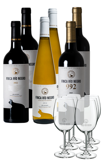 Producto: Finca Río Negro 2022 (x2), 992 2024 (x2) y Gewürztraminer 2025 (x2) con 6 copas
