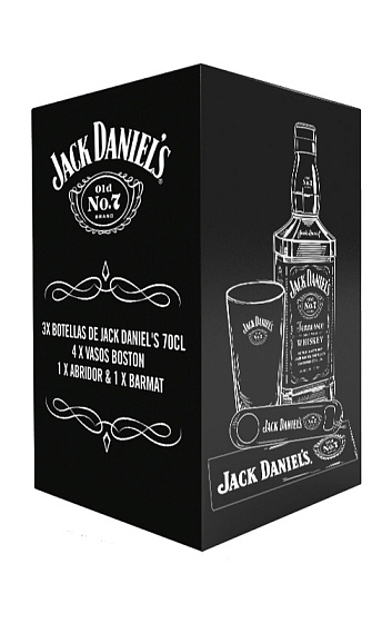 Pack Jack Daniel's Old No.7 (x3) con 4 vasos Boston, Abridor y Barmat
